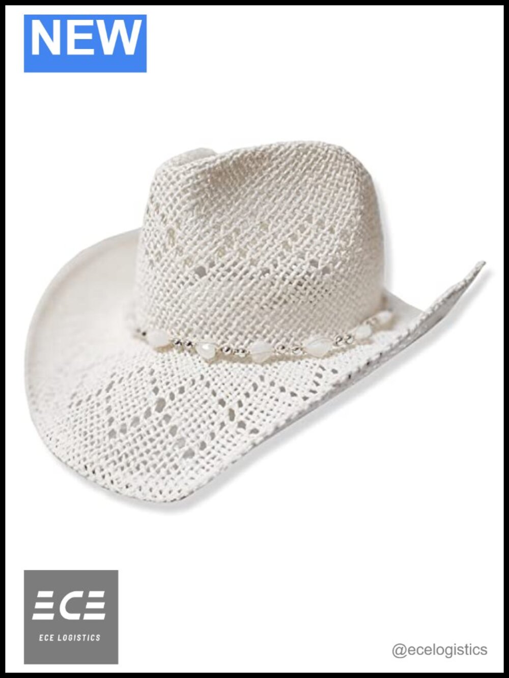 Straw Cowboy Hat with Beaded Hearts Trim Shapeable Brim